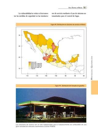 RIESGOS QUÍMICOS 
ATL AS NACIONAL DE RIESGOS 181 
nes de servicio mediante el uso de sistemas au-tomatizados 
para el control de fugas. 
Figura 98. Distribución de estaciones de servicio en México 
Más de 250 
Más de 200 y hasta 250 
Más de 150 y hasta 200 
Más de 100 y hasta 150 
Más de 50 y hasta 100 
Hasta 50 
-115 -110 -105 -100 -95 -90 -85 
Figura 99. Distribución del menudeo de gasolina 
La vulnerabilidad se reduce al incremen-tar 
las medidas de seguridad en las instalacio- 
30 
25 
20 
15 
Las estaciones de servicio son un sitio indispensable para el abastecimiento de combustible de una 
gran variedad de vehiculos automotores (Fuente PEMEX). 
 