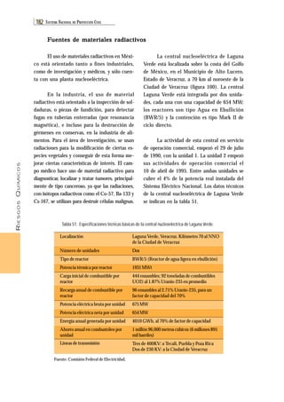 RIESGOS QUÍMICOS 
182 SISTEMA NACIONAL DE PROTECCIÓN CIVIL 
Fuentes de materiales radiactivos 
El uso de materiales radiactivos en Méxi-co 
está orientado tanto a fines industriales, 
como de investigación y médicos, y sólo cuen-ta 
con una planta nucleoeléctrica. 
En la industria, el uso de material 
radiactivo está orientado a la inspección de sol-daduras, 
o piezas de fundición, para detectar 
fugas en tuberías enterradas (por resonancia 
magnética), e incluso para la destrucción de 
gérmenes en conservas, en la industria de ali-mentos. 
Para el área de investigación, se usan 
radiaciones para la modificación de ciertas es-pecies 
vegetales y conseguir de esta forma me-jorar 
ciertas características de interés. El cam-po 
médico hace uso de material radiactivo para 
diagnosticar, localizar y tratar tumores, principal-mente 
de tipo canceroso, ya que las radiaciones, 
con isótopos radiactivos como el Co-57, Ba-133 y 
Cs-167, se utilizan para destruir células malignas. 
Tabla 51. Especificaciones técnicas básicas de la central nucleoeléctrica de Laguna Verde. 
Fuente: Comisión Federal de Electricidad. 
La central nucleoeléctrica de Laguna 
Verde está localizada sobre la costa del Golfo 
de México, en el Municipio de Alto Lucero, 
Estado de Veracruz, a 70 km al noroeste de la 
Ciudad de Veracruz (figura 100). La central 
Laguna Verde está integrada por dos unida-des, 
cada una con una capacidad de 654 MW; 
los reactores son tipo Agua en Ebullición 
(BWR/5) y la contención es tipo Mark II de 
ciclo directo. 
La actividad de esta central en servicio 
de operación comercial, empezó el 29 de julio 
de 1990, con la unidad 1. La unidad 2 empezó 
sus actividades de operación comercial el 
10 de abril de 1995. Entre ambas unidades se 
cubre el 4% de la potencia real instalada del 
Sistema Eléctrico Nacional. Los datos técnicos 
de la central nucleoeléctrica de Laguna Verde 
se indican en la tabla 51. 
Laguna Verde, Veracruz. Kilómetro 70 al NNO 
de la Ciudad de Veracruz 
Dos 
BWR/5 (Reactor de agua ligera en ebullición) 
1931 MWt 
444 ensambles; 92 toneladas de combustibles 
UO2) al 1.87% Uranio-235 en promedio 
96 ensambles al 2.71% Uranio-235, para un 
factor de capacidad del 70% 
675 MW 
654 MW 
4010 GWh, al 70% de factor de capacidad 
1 millón 96,000 metros cúbicos (6 millones 895 
mil barriles) 
Tres de 400KV: a Tecali, Puebla y Poza Rica 
Dos de 230 KV: a la Ciudad de Veracruz 
Localización 
Número de unidades 
Tipo de reactor 
Potencia térmica por reactor 
Carga inicial de combustible por 
reactor 
Recarga anual de combustible por 
reactor 
Potencia eléctrica bruta por unidad 
Potencia eléctrica neta por unidad 
Energía anual generada por unidad 
Ahorro anual en combustóleo por 
unidad 
Líneas de transmisión 
 