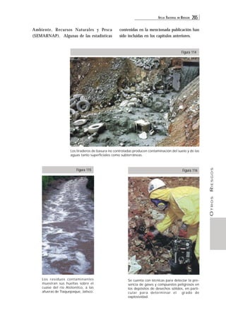ATL AS NACIONAL DE RIESGOS 205 
OTROS RIESGOS 
Los tiraderos de basura no controladas producen contaminación del suelo y de las 
aguas tanto superficiales como subterráneas. 
Figura 115 
Figura 114 
Ambiente, Recursos Naturales y Pesca 
(SEMARNAP). Algunas de las estadísticas 
contenidas en la mencionada publicación han 
sido incluidas en los capítulos anteriores. 
Los residuos contaminantes 
muestran sus huellas sobre el 
cuase del río Atotonilco, a las 
afueras de Tlaquepaque, Jalisco. 
Se cuenta con técnicas para detectar la pre-sencia 
de gases y compuestos peligrosos en 
los depósitos de desechos sólidos, en parti-cular 
para determinar el grado de 
explosividad. 
Figura 116 
 