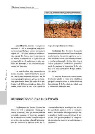 206 SISTEMA NACIONAL DE PROTECCIÓN CIVIL 
OTROS RIESGOS 
Figura 117. Pérdidas de cultivos por sequía y desertificación 
Desertificación. Consiste en un proceso 
mediante el cual la tierra pierde progresiva-mente 
su capacidad para sostener y reproducir 
vegetación. Las causas pueden ser una evolu-ción 
natural del clima o, más frecuentemente 
un manejo inadecuado de la explotación de 
recursos hídricos o de suelo, como el sobre-pas-toreo, 
los desmontes, o los asentamientos hu-manos 
mal planeados. 
Las zonas de clima árido o semiárido son 
las más propensas a sufrir este fenómeno, que por 
sus características de generación lenta y por sus 
consecuencias principalmente agrícolas no es aten-dido 
generalmente dentro del ámbito de la pro-tección 
civil. El fenómeno está muy ligado al de 
erosión, sobre el cual se trata en el capítulo de 
riesgos de origen hidrometeorológico. 
Epidemias. Este hecho se da cuando 
una enfermedad adquiere durante cierto lapso 
una incidencia claramente superior a sus va-lores 
normales; esto se relaciona esencialmen-te 
con las enfermedades de tipo infeccioso y 
con la aparición de condiciones particular-mente 
favorables a la transmisión de las mis-mas, 
sean estas condiciones de tipo ambien-tal 
o social. 
La atención de estos sucesos correspon-de 
al sector salud y se remite a las estadísticas 
que publica regularmente la Subsecretaría de 
Epidemiología de la Secretaría de Salud, para 
la información sobre este tema. 
RIESGOS SOCIO-ORGANIZATIVOS 
En el esquema del Sistema Nacional de 
Protección Civil se agrupan en esta categoría 
ciertos accidentes y actos que son resultado de 
actividades humanas. Se tienen por una parte 
los accidentes relacionados con el transporte 
aéreo, terrestre, marítimo o fluvial; la interrup-ción 
del suministro de servicios vitales; los ac-cidentes 
industriales o tecnológicos no asocia-dos 
a productos químicos (éstos se consideran 
aparte); los derivados del comportamiento des-ordenado 
en grandes concentraciones de po-blación 
y los que son producto de comporta-miento 
antisocial, como los actos de sabotaje o 
terrorismo. 
 