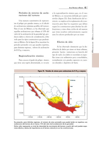 ATLAS NACIONAL DE RIESGOS 45 
RIESGOS GEOLÓGICOS 
Periodos de retorno de acele-raciones 
del terreno 
Una manera cuantitativa de represen-tar 
el peligro por grandes sismos, es el cálculo 
de aceleraciones máximas posibles del terreno. 
Para el caso de México, se ha observado que 
aquellas aceleraciones que rebasan el 15% del 
valor de la aceleración de la gravedad (g), pro-ducen 
daños y efectos de consideración, sobre 
todo para los tipos constructivos que predomi-nan 
en México. En la figura 24 se muestran los 
periodos promedio con que pueden repetirse, 
para distintas regiones, valores de aceleración 
de 0.15 g, o mayores. 
Regionalización sísmica 
Para conocer el grado de peligro sísmico 
que tiene una región determinada, se recurre 
a la regionalización sísmica que, en el caso 
de México, se encuentra definida por cuatro 
niveles (figura 25). Esta clasificación del te-rritorio 
se emplea en los reglamentos de cons-trucción 
para fijar los requisitos que deben 
seguir los constructores para diseñar las edi-ficaciones 
y otras obras civiles de tal manera 
que éstas resulten suficientemente seguras 
ante los efectos producidos por un sismo 
Efectos de sitio 
Se ha observado claramente que la dis-tribución 
de daños por sismo en áreas urbanas, 
presenta fuertes variaciones en función del 
tipo de suelo. Los daños se acentúan en aque-llas 
zonas con sedimentos poco consolidados, 
normalmente con grandes espesores en cuen-cas 
aluviales o depósitos de barra. 
Figura 24. Períodos de retorno para aceleraciones de 0.15 g o mayores 
Se presenta, para distintas regiones, el número de años promedio que puede tardar en repetirse una 
aceleración del terreno de al menos 15% del valor de la aceleración de la gravedad. 
Dicho valor representa un nivel de intensidad de movimiento del terreno a partir del cual pueden espe-rarse 
efectos y daños de importancia en el terreno natural y/o en las construcciones. 
 