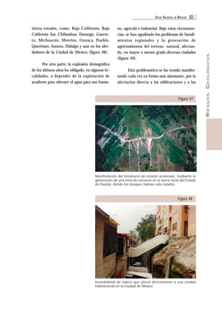 ATLAS NACIONAL DE RIESGOS 83 
RIESGOS GEOLÓGICOS 
tintos estados, como: Baja California, Baja 
California Sur, Chihuahua, Durango, Guerre-ro, 
Michoacán, Morelos, Oaxaca, Puebla, 
Querétaro, Sonora, Hidalgo y aun en los alre-dedores 
de la Ciudad de México (figura 48). 
Por otra parte, la explosión demográfica 
de los últimos años ha obligado, en algunas lo-calidades, 
a depender de la explotación de 
acuíferos para obtener el agua para uso huma-no, 
agrícola e industrial. Bajo estas circunstan-cias, 
se han agudizado los problemas de hundi-mientos 
regionales y la generación de 
agrietamientos del terreno natural, afectan-do, 
en mayor o menor grado diversas ciudades 
(figura 49). 
Esta problemática se ha venido manifes-tando 
cada vez en forma más alarmante, por la 
afectación directa a las edificaciones y a las 
Figura 47 
Manifestación del fenómeno de erosión acelerada, mediante la 
generación de una serie de cárcavas en la sierra norte del Estado 
de Puebla, donde los bosques habían sido talados. 
Figura 48 
Inestabilidad de ladera que afecta directamente a una unidad 
habitacional en la Ciudad de México. 
 