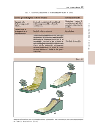 ATLAS NACIONAL DE RIESGOS 87 
RIESGOS GEOLÓGICOS 
Tabla 24. Factores que determinan la estabilidad de los taludes en suelos. 
Factores geomorfológicos Factores internos Factores ambientales 
Estado de esfuerzos actuantes. Geohidrología. 
Susceptibilidad de los minerales que constituyen 
los sedimentos no consolidados por experimentar 
cambios que se reflejen en el deterioro de las 
propiedades mecánicas de resistencia, 
deformabilidad y permeabilidad de los materiales 
térreos ante las acciones del intemperismo. 
Perfil de meteorización en el caso de laderas 
naturales donde la roca basal es de tipo: ígneo y 
metamórfico. 
Topografía de los 
alrededores y geometría 
del talud. 
Propiedades mecánicas de deformabilidad, 
resistencia y permeabilidad de los suelos 
constituyentes. 
Climatología y régimen de 
precipitaciones pluviales 
normales y extraordinarias 
probables. 
Distribución de la 
estratificación de los 
materiales térreos. 
Hidrología de superficie. 
Figura 51 
Diagramas de bloque que muestran tres de los tipos de falla más comunes de deslizamiento de laderas: 
(a) caído; (b) deslizamiento; (c) flujo. 
 