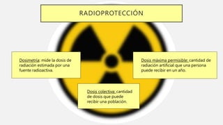 RADIOPROTECCIÓN
Dosimetría: mide la dosis de
radiación estimada por una
fuente radioactiva.
Dosis colectiva: cantidad
de dosis que puede
recibir una población.
Dosis máxima permisible: cantidad de
radiación artificial que una persona
puede recibir en un año.
 