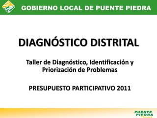 GOBIERNO LOCAL DE PUENTE PIEDRA




DIAGNÓSTICO DISTRITAL
 Taller de Diagnóstico, Identificación y
       Priorización de Problemas

 PRESUPUESTO PARTICIPATIVO 2011
 