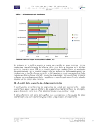 U N I V E R S I D A D N A C I O N A L D E I N G E N I E R Í A 
P R O G R AM A D E F O M E N T O A L D E S A R R O L L O M U N I C I P A L 
F O D M U 
AVENIDA UNIVERSITARIA RECINTO UNIVERSITARIO SIMON BOLIVAR 
TEL.2 278 1465 E.MAIL: fodmu@uni.edu.ni 
EXT. 111 MANAGUA, NICARAGUA 14 
Gráfico 1 2. Jefatura de Hogar por asentamiento 
Fuente 12. Elaboración propia, Encuesta de hogar FODMU 2012 
Sin embargo en la gráfica anterior se puede ver cambios en estos patrones, donde predominar mayoritariamente la jefatura mixta; otro dato a destacar es la jefatura femenina que alcanza un 13%, en su mayoría asociadas a madres solteras y/o separadas de sus conyugues, y en su mayoría hogares extensos a diferencia de hogares jefeados por hombres que es de 6%; esta comparación es de importancia, dado que generalmente las mujeres que lideren hogar extensión predomina la pobreza y como estrategia ancestral en la que generan ingresos conjunto y establecen mecanismo de sobrevivencia; abuelos abuelas y/o tías cuidan a los menores. 
4.2.1.5 Análisis de los segmentos de edad por asentamientos 
A continuación presentaremos los segmentos de edad por asentamiento, cada segmento de edad responde al interés de analizar el comportamiento de los principales grupos de edades como es la niñez, adolescencia, juventud, adultez y vejez. 
El comportamiento del bono demográfico que corresponden a los grupos de edad económicamente activa es normal y responde a una población en crecimiento. 
 