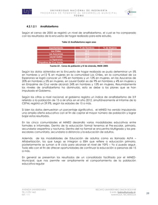 U N I V E R S I D A D N A C I O N A L D E I N G E N I E R Í A 
P R O G R AM A D E F O M E N T O A L D E S A R R O L L O M U N I C I P A L 
F O D M U 
AVENIDA UNIVERSITARIA RECINTO UNIVERSITARIO SIMON BOLIVAR 
TEL.2 278 1465 E.MAIL: fodmu@uni.edu.ni 
EXT. 111 MANAGUA, NICARAGUA 20 
4.2.1.2.1 Analfabetismo 
Según el censo de 2005 se registró un nivel de analfabetismo, el cual se ha comparado con los resultados de la encuesta de hogar realizado para este estudio. 
Tabla 12 Analfabetismo según sexo 
Fuente 22 . Censo de población y IV de vivienda, INIDE-2005 
Según los datos obtenidos en la Encuesta de hogar realizada se pudo determinar un 5% en hombres y un12 % en mujeres en la comunidad Los Chiles, en la comunidad de La Esperanza se logró conocer un 19% en hombres y un 12% en mujeres, en las Azucenas de 20% en hombres y 5% en mujeres, en Laurel Galán es de 9% en hombres y 4% en mujeres y en Empalme de Cruz verde alcanzó 24% en hombres y 15% en mujeres. Resumidamente los niveles de analfabetismo ha disminuido, esto se debe a los planes que se han impulsado el Gobierno. 
Según las cifras a nivel nacional, el gobierno registro un índice de analfabetismo de 3.9 referido a la población de 15 a 64 años en el año 2012, simultáneamente el Informe de la CEPAL registró un 29.9%, según las edades de 15 a más. 
Si bien los datos demuestran un porcentaje significativo, el MINED ha venido impulsando una amplia oferta educativa con el fin de captar el mayor número de población y lograr bajar estos resultados. 
En las cinco comunidades el MINED desarrolla varias modalidades educativas entre formales e informales. Dentro de la educación formal tenemos el Pre-escolar, primaria, secundaria vespertina y nocturna. Dentro del no formal se encuentra Multigrado y los pre- escolares comunitario, secundaria a distancia y la educación de adultos. 
Además de las modalidades de Educación de adultos como es llamado ALFA – Alfabetización, los que luego se integran a EBA que refiere a educación primaria, posteriormente se suman a III ciclo para alcanzar el nivel de YSPS – Yo sí puedo seguir. Todo ello con el fin de ofrecer oportunidades de continuar la educación a personas de 15 a más. 
En general se presentan los resultados de un consolidado facilitado por el MINED- Municipal, que nos permite ver ampliamente el comportamiento de la población educativa regular 
Asentamiento % de Hombres % de Mujeres Los Chiles 20.2 23.3 Las Azucenas 20.6 21.8 Laurel Galán 22.4 23.8 La Esperanza 24.9 24.8 Empalme de Cruz Verde 37.7 40.8  