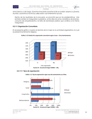 U N I V E R S I D A D N A C I O N A L D E I N G E N I E R Í A 
P R O G R AM A D E F O M E N T O A L D E S A R R O L L O M U N I C I P A L 
F O D M U 
AVENIDA UNIVERSITARIA RECINTO UNIVERSITARIO SIMON BOLIVAR 
TEL.2 278 1465 E.MAIL: fodmu@uni.edu.ni 
EXT. 111 MANAGUA, NICARAGUA 22 
arma blanca o de fuego. Durante el recorrido durante el día se podían observa a jóvenes reunido y durante la noche las calles están casi totalmente oscuras. 
Dentro de los resultados de la encuesta, se encontró que en las problemáticas más sentidas estaba la inseguridad ciudadana, entre ellas los actos vandálicos de jóvenes, consumo de estupefaciente y la falta de alumbrado público que conlleva a la misma inseguridad. 
4.2.1.9 Organización Comunitaria 
En el presente gráfico muestra el dominio de la mujer en la actividad organizativa, la cual es predominantemente religiosa. 
Gráfico 1 12 Estado de la organización comunitaria según el sexo – Cinco Asentamientos 
Fuente 24 . Encuesta de hogar FODMU – UNI, 
4.2.1.9.1 Tipos de organización 
Gráfico 13. Tipo de organización según sexo del asentamiento Los Chiles 
Fuente 25 . Encuesta de hogar FODMU – UNI,  