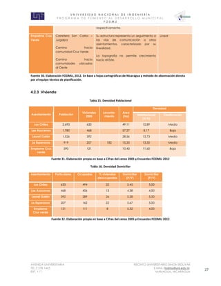 U N I V E R S I D A D N A C I O N A L D E I N G E N I E R Í A 
P R O G R AM A D E F O M E N T O A L D E S A R R O L L O M U N I C I P A L 
F O D M U 
AVENIDA UNIVERSITARIA RECINTO UNIVERSITARIO SIMON BOLIVAR 
TEL.2 278 1465 E.MAIL: fodmu@uni.edu.ni 
EXT. 111 MANAGUA, NICARAGUA 27 
respectivamente. Empalme Cruz Verde Carretera San Carlos – Juigalpa Camino hacia comunidad Cruz Verde Camino hacia comunidades ubicadas al Oeste Su estructura representa un seguimiento a las vías de comunicación a otros asentamientos, caracterizado por su linealidad. La topografía no permite crecimiento hacia el Este. Lineal 
Fuente 30. Elaboración FODMU, 2012. En base a hojas cartográficas de Nicaragua y método de observación directa por el equipo técnico de planificación. 
4.2.3 Vivienda 
Tabla 15. Densidad Poblacional Asentamiento Población Viviendas 2005 Levanta- miento Area (ha) Densidad Habitacional (V/A) Clasificación Los Chiles 2,693 633 49.11 12.89 Media Las Azucenas 1,780 468 57.27 8.17 Baja Laurel Galán 1,526 392 28.56 13.73 Media La Esperanza 919 207 182 15.33 13.50 Media Emplame Cruz verde 590 121 10.43 11.60 Baja 
Fuente 31. Elaboración propia en base a Cifras del censo 2005 y Encuestas FODMU 2012 
Tabla 16. Densidad Domiciliar Asentamiento Particulares Ocupadas % viviendas desocupadas Domiciliar (P/V) Domiciliar (P/V) Los Chiles 633 494 22 5.45 5.00 Las Azucenas 468 406 13 4.38 4.50 Laurel Galán 392 289 26 5.28 5.00 La Esperanza 207 162 22 5.67 5.00 Emplame Cruz verde 121 111 8 5.32 4.00 
Fuente 32. Elaboración propia en base a Cifras del censo 2005 y Encuestas FODMU 2012 
 