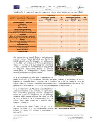 U N I V E R S I D A D N A C I O N A L D E I N G E N I E R Í A 
P R O G R AM A D E F O M E N T O A L D E S A R R O L L O M U N I C I P A L 
F O D M U 
AVENIDA UNIVERSITARIA RECINTO UNIVERSITARIO SIMON BOLIVAR 
TEL.2 278 1465 E.MAIL: fodmu@uni.edu.ni 
EXT. 111 MANAGUA, NICARAGUA 30 
Tabla 19.Analisis de equipamiento requerido -equipamiento existente -estado físico Las Azucenas y Laurel Galán Equipamiento requerido según Normas Pautas y Criterios para el Ordenamiento Territorial Las Azucenas Laurel Galán Equipamiento existente (Estado) No existe Equipamiento existente (Estado) No existe Bueno Regular Malo Buen Regular Malo Primaria completa y preescolar Biblioteca x x Casa comunal Casa Cultural x x Campo y cancha deportiva x x Puesto de salud, Puesto medico x x Centro de desarrollo infantil, comedor infantil. x x Cementerio x x Sitios de tratamiento de agua residuales x x Eliminación y/o deposición final de desecho sólidos. x x Expendio de combustibles y lubricantes x x Agua potable x x Energía eléctrica x x Estación de telecomunicaciones y correos x x Servicios sanitarios. Puesto de policía. x x Plaza y parques x x 
Los asentamientos Laurel Galán y Las Azucenas cuentan con un Puesto de Salud, y un Centro de Salud, respectivamente, los cuales son asistidos por un médico y un auxiliar de enfermería para Laurel Galán y 6 médicos y 10 auxiliares para enfermería en Las Azucenas, las instalaciones se encuentran en regulares condiciones físicas, su sistema constructivo es mampostería, dichos centros abastecen la demanda poblacional. 
En el asentamiento Laurel Galán se contabilizo un preescolar formal y dos informales, una escuela para primaria y secundaria, el sector educación presenta deficit, para reducir la carencia de aulas de clases se utilizó el comedor infantil para impartir clases de primaria, como consecuencia se inhabilitó el uso del comedor infantil provocando mayores contrariedades en la comunidad. 
En el asentamiento Las Azucenas se contabilizo un preescolar informa y dos formales, una primaria y una secundaria, presenta buenas condiciones físicas en cuanto a infraestructura, sin embargo existe un cierto déficit de aulas de clases, ya que se utilizó el espacio de la cocina como aula de clases, factor que incide en la calidad de la educación básica. 
El asentamiento Laurel Galán cuenta con un campo de futbol y una cancha deportiva en mal estado, no cuenta con parques ni plazas para la recreación. 
Foto 5 Puesto de Salud las Azucenas 
Foto 6 Centro escolar Las Azucenas  
