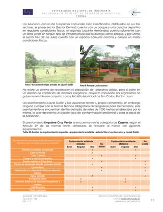 U N I V E R S I D A D N A C I O N A L D E I N G E N I E R Í A 
P R O G R AM A D E F O M E N T O A L D E S A R R O L L O M U N I C I P A L 
F O D M U 
AVENIDA UNIVERSITARIA RECINTO UNIVERSITARIO SIMON BOLIVAR 
TEL.2 278 1465 E.MAIL: fodmu@uni.edu.ni 
EXT. 111 MANAGUA, NICARAGUA 31 
Las Azucenas consta de 3 espacios comunales bien identificados, distribuidos en sus tres sectores, el primer sector (Sector Central) cuenta con un parque y una cancha deportiva en regulares condiciones físicas, el segundo (Jacinto Hernández) cuenta solamente con un área verde sin ningún tipo de infraestructura que lo distinga como parque, y por último el sector tres (19 de Julio) cuenta con un espacio comunal cancha y campo en malas condiciones físicas. 
No existe un sistema de recolección ni deposición de desechos sólidos, pero si existe en un sistema de captación de material inorgánico, proyecto impulsado por organismos no gubernamentales en conjunto con la Alcaldía Municipal de San Carlos, Rio San Juan 
Los asentamientos Laurel Galán y Las Azucenas tienen su propio cementerio, sin embargo ninguno cumple con la Norma Técnica Obligatoria Nicaragüense para Cementerios, este asentamiento se encuentran dentro del radio de retiro de 1000 metros establecidos por la misma, lo que representa un posible foco de contaminación ambiental y para la salud de la población. 
El asentamiento Empalme Cruz Verde se encuentran en la categoría de Caserío, según el Artículo 29 de las normas antes señaladas, se requiere al menos del siguiente equipamiento: 
Tabla 20.Analisis de equipamiento requerido -equipamiento existente -estado físico Las Azucenas y Laurel Galán Equipamiento requerido según Normas Pautas y Criterios para el Ordenamiento Territorial La Esperanza Empalme Cruz Verde Equipamiento existente (Estado) No existe Equipamiento existente (Estado) No existe Buen Regular Mal Buen Regular Mal Primaria completa, preescolar x x Casa comunal x Casa Cultural x x Campo y cancha deportiva x x Puesto médico o Casa base x x Centro de desarrollo infantil, comedor infantil. x x Cementerio x x Eliminación y/o deposición final de desecho sólidos. x x Agua potable X x Energía eléctrica x x Servicios básicos de telecomunicaciones y correos x x Letrinificación x x Plaza y parques x x 
Foto 7 Areas recreativas privada en Laurel Galán 
Foto 8 Parque Las Azucenas  