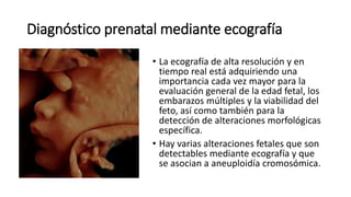 Diagnóstico prenatal mediante ecografía
• La ecografía de alta resolución y en
tiempo real está adquiriendo una
importancia cada vez mayor para la
evaluación general de la edad fetal, los
embarazos múltiples y la viabilidad del
feto, así como también para la
detección de alteraciones morfológicas
específica.
• Hay varias alteraciones fetales que son
detectables mediante ecografía y que
se asocian a aneuploidía cromosómica.
 