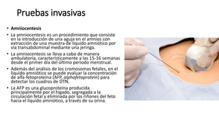Pruebas invasivas
• Amniocentesis
• La amniocentesis es un procedimiento que consiste
en la introducción de una aguja en el amnios con
extracción de una muestra de líquido amniótico por
vía transabdominal mediante una jeringa.
• La amniocentesis se lleva a cabo de manera
ambulatoria, característicamente a las 15-16 semanas
desde el primer día del último periodo menstrual.
• Además del análisis de los cromosomas fetales, en el
líquido amniótico se puede evaluar la concentración
de alfa-fetoproteína (AFP, alphafetoprotein) para
detectar los cuadros de DTN.
• La AFP es una glucoproteína producida
principalmente por el hígado, segregada a la
circulación fetal y eliminada por los riñones del feto
hacia el líquido amniótico, a través de su orina.
 