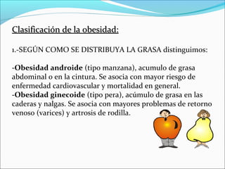 Clasificación de la obesidad:

1.-SEGÚN COMO SE DISTRIBUYA LA GRASA distinguimos:

-Obesidad androide (tipo manzana), acumulo de grasa
abdominal o en la cintura. Se asocia con mayor riesgo de
enfermedad cardiovascular y mortalidad en general.
-Obesidad ginecoide (tipo pera), acúmulo de grasa en las
caderas y nalgas. Se asocia con mayores problemas de retorno
venoso (varices) y artrosis de rodilla.
 