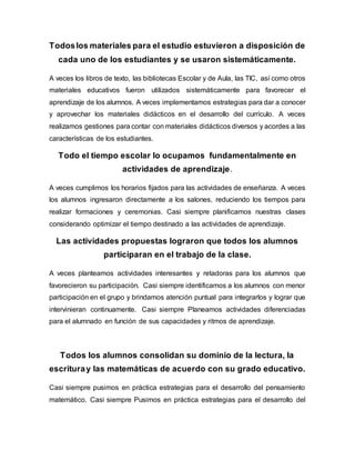 Todoslos materiales para el estudio estuvieron a disposición de
cada uno de los estudiantes y se usaron sistemáticamente.
A veces los libros de texto, las bibliotecas Escolar y de Aula, las TIC, así como otros
materiales educativos fueron utilizados sistemáticamente para favorecer el
aprendizaje de los alumnos. A veces implementamos estrategias para dar a conocer
y aprovechar los materiales didácticos en el desarrollo del currículo. A veces
realizamos gestiones para contar con materiales didácticos diversos y acordes a las
características de los estudiantes.
Todo el tiempo escolar lo ocupamos fundamentalmente en
actividades de aprendizaje.
A veces cumplimos los horarios fijados para las actividades de enseñanza. A veces
los alumnos ingresaron directamente a los salones, reduciendo los tiempos para
realizar formaciones y ceremonias. Casi siempre planificamos nuestras clases
considerando optimizar el tiempo destinado a las actividades de aprendizaje.
Las actividades propuestas lograron que todos los alumnos
participaran en el trabajo de la clase.
A veces planteamos actividades interesantes y retadoras para los alumnos que
favorecieron su participación. Casi siempre identificamos a los alumnos con menor
participación en el grupo y brindamos atención puntual para integrarlos y lograr que
intervinieran continuamente. Casi siempre Planeamos actividades diferenciadas
para el alumnado en función de sus capacidades y ritmos de aprendizaje.
Todos los alumnos consolidan su dominio de la lectura, la
escrituray las matemáticas de acuerdo con su grado educativo.
Casi siempre pusimos en práctica estrategias para el desarrollo del pensamiento
matemático. Casi siempre Pusimos en práctica estrategias para el desarrollo del
 