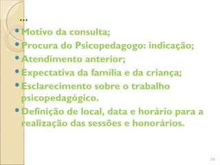 ...
 Motivo da consulta;
 Procura do Psicopedagogo: indicação;
 Atendimento anterior;
 Expectativa da família e da criança;
 Esclarecimento sobre o trabalho
  psicopedagógico.
 Definição de local, data e horário para a
  realização das sessões e honorários.


                                              28
 