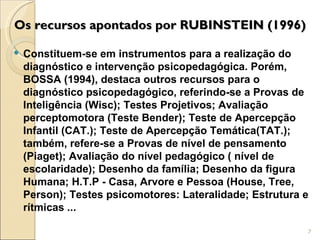 Os recursos apontados por RUBINSTEIN (1996)

 Constituem-se em instrumentos para a realização do
  diagnóstico e intervenção psicopedagógica. Porém,
  BOSSA (1994), destaca outros recursos para o
  diagnóstico psicopedagógico, referindo-se a Provas de
  Inteligência (Wisc); Testes Projetivos; Avaliação
  perceptomotora (Teste Bender); Teste de Apercepção
  Infantil (CAT.); Teste de Apercepção Temática(TAT.);
  também, refere-se a Provas de nível de pensamento
  (Piaget); Avaliação do nível pedagógico ( nível de
  escolaridade); Desenho da família; Desenho da figura
  Humana; H.T.P - Casa, Arvore e Pessoa (House, Tree,
  Person); Testes psicomotores: Lateralidade; Estrutura e
  rítmicas ...

                                                        7
 