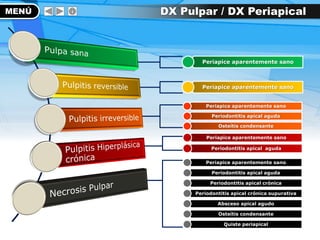 DX Pulpar / DX Periapical
Periapice aparentemente sano
Periapice aparentemente sano
Periapice aparentemente sano
Periodontitis apical aguda
Osteítis condensante
Periapice aparentemente sano
Periodontitis apical aguda
Periapice aparentemente sano
Periodontitis apical aguda
Periodontitis apical crónica
Periodontitis apical crónica supurativa
Absceso apical agudo
Osteítis condensante
Quiste periapical
MENÚ
 
