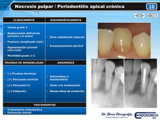 Necrosis pulpar / Periodontitis apical crónica 10
CLÍNICAMENTE RADIOGRÁFICAMENTE
• Caries grado 3
• Restauración deficiente
(próxima a la pulpa)
• Fractura complicada (EDP)
• Pigmentación coronal
(Gris-Café)
• Movilidad grado 1-2
• Zona radiolucida (Apical)
• Ensanchamiento del ELP
PRUEBAS DE SENSIBILIDAD ANAMNESIS
• (-) Pruebas térmicas
• (+) Percusión Vertical
• (+) Percusión H.
• (+) Palpación
• Sintomático o
Asintomático
• Dolor a la masticación
• Meses-Años de evolución
TRATAMIENTOS
• Tratamiento endodóntico
• Extracción dental
 