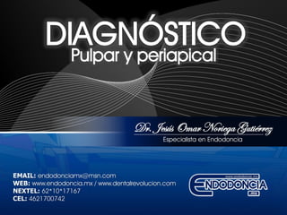 Dr. Jesús Omar Noriega Gutiérrez
Especialista en Endodoncia
EMAIL: endodonciamx@msn.com
WEB: www.endodoncia.mx / www.dentalrevolucion.com
NEXTEL: 62*10*17167
CEL: 4621700742
 