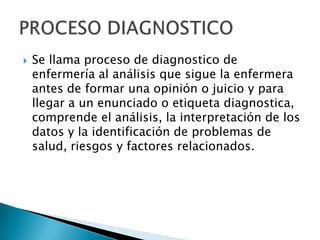  Se llama proceso de diagnostico de
enfermería al análisis que sigue la enfermera
antes de formar una opinión o juicio y para
llegar a un enunciado o etiqueta diagnostica,
comprende el análisis, la interpretación de los
datos y la identificación de problemas de
salud, riesgos y factores relacionados.
 