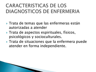 Trata de temas que las enfermeras están
autorizadas a atender
 Trata de aspectos espirituales, físicos,
psicológicos y socioculturales.
 Trata de situaciones que la enfermera puede
atender en forma independiente.
 