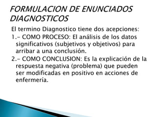 El termino Diagnostico tiene dos acepciones:
1.- COMO PROCESO: El análisis de los datos
significativos (subjetivos y objetivos) para
arribar a una conclusión.
2.- COMO CONCLUSION: Es la explicación de la
respuesta negativa (problema) que pueden
ser modificadas en positivo en acciones de
enfermería.
 
