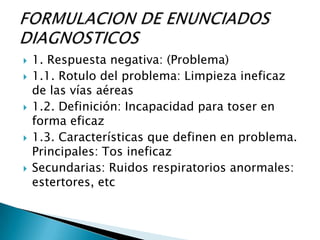  1. Respuesta negativa: (Problema)
 1.1. Rotulo del problema: Limpieza ineficaz
de las vías aéreas
 1.2. Definición: Incapacidad para toser en
forma eficaz
 1.3. Características que definen en problema.
Principales: Tos ineficaz
 Secundarias: Ruidos respiratorios anormales:
estertores, etc
 