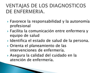  Favorece la responsabilidad y la autonomía
profesional
 Facilita la comunicación entre enfermera y
equipo de salud
 Identifica el estado de salud de la persona.
 Orienta el planeamiento de las
intervenciones de enfermería.
 Asegura la calidad del cuidado en la
atención de enfermería.
 
