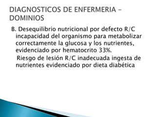 B. Desequilibrio nutricional por defecto R/C
incapacidad del organismo para metabolizar
correctamente la glucosa y los nutrientes,
evidenciado por hematocrito 33%.
Riesgo de lesión R/C inadecuada ingesta de
nutrientes evidenciado por dieta diabética
 
