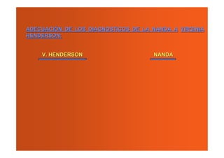ADECUACIÓN DE LOS DIAGNOSTICOS DE LA NANDA A VIRGINIA
HENDERSON:


    V. HENDERSON                     NANDA
 