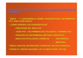 INICIO, EVOLUCIÓN Y ESTADO DE LA TAXONOMÍA DIAGNÓSTICA DE
LA NANDA


* INICIO : 1ª CONFERENCIA SOBRE DIAGNÓSTICOS ENFERMEROS.
1973. SAN LOUIS (EEUU)
* ¿CÓMO SURGEN LOS DIAGNOSTICOS?
     - PRINCIPIOS DEL SIGLO XX .
     - VERA FRY. 1953 PRIMERA EN UTILIZAR EL TÉRMINO DdE
     - PROCESO DE ENFERMERÍA (MÉTODO CIENTÍFICO)
     - INICIO EN PATOLOGÍAS CRÓNICAS      ENFERMERÍA
                                          MEDICINA
* RESULTADO DE UN PROCESO COGNITIVO, NO SOLO MANUAL.
* SURGE EL GRUPO NACIONAL DE CLASIFICACIÓN DE DdE
 