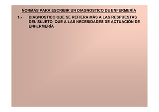 NORMAS PARA ESCRIBIR UN DIAGNOSTICO DE ENFERMERÍA
1.-   DIAGNOSTICO QUE SE REFIERA MÁS A LAS RESPUESTAS
      DEL SUJETO QUE A LAS NECESIDADES DE ACTUACIÓN DE
      ENFERMERÍA
 