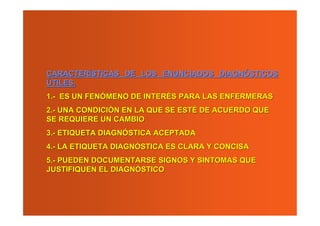 CARACTERÍSTICAS DE LOS ENUNCIADOS DIAGNÓSTICOS
ÚTILES.
1.- ES UN FENÓMENO DE INTERÉS PARA LAS ENFERMERAS
2.- UNA CONDICIÓN EN LA QUE SE ESTÉ DE ACUERDO QUE
SE REQUIERE UN CAMBIO
3.- ETIQUETA DIAGNÓSTICA ACEPTADA
4.- LA ETIQUETA DIAGNÓSTICA ES CLARA Y CONCISA
5.- PUEDEN DOCUMENTARSE SIGNOS Y SINTOMAS QUE
JUSTIFIQUEN EL DIAGNÓSTICO
 