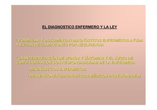 EL DIAGNOSTICO ENFERMERO Y LA LEY


* FORMULAR Y DOCUMENTAR DIAGNÓSTICOS ENFERMEROS AYUDA
A EVITAR RECLAMACIONES POR NEGLIGENCIA


* LA INTERPRETACIÓN DE SIGNOS Y SÍNTOMAS Y EL JUICIO DE
COMO TRATARLOS SON RESPONSABILIDAD DE LA ENFERMERA
     - DIAGNÓSTICOS ENFERMEROS
     - DERIVACIONES (DIAGNOSTICOS MÉDICOS PROVISIONALES)
 