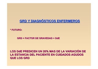 GRD Y DIAGNÓSTICOS ENFERMEROS

* FUTURO:


     GRD + FACTOR DE GRAVEDAD + DdE




LOS DdE PREDICEN UN 20% MAS DE LA VARIACIÓN DE
LA ESTANCIA DEL PACIENTE EN CUIDADOS AGUDOS
QUE LOS GRD
 
