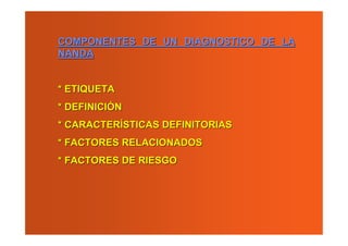 COMPONENTES DE UN DIAGNOSTICO DE LA
NANDA


* ETIQUETA
* DEFINICIÓN
* CARACTERÍSTICAS DEFINITORIAS
* FACTORES RELACIONADOS
* FACTORES DE RIESGO
 