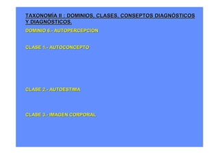 TAXONOMÍA II : DOMINIOS, CLASES, CONSEPTOS DIAGNÓSTICOS
Y DIAGNÓSTICOS.
DOMINIO 6.- AUTOPERCEPCIÓN


CLASE 1.- AUTOCONCEPTO
     CONCEPTOS DIAGNÓSTICOS        IDENTIDAD
                                   IMPOTENCIA
                                   DESESPERANZA
                                   SOLEDAD
CLASE 2.- AUTOESTIMA
     CONCEPTOS DIAGNÓSTICOS        AUTOESTIMA


CLASE 3.- IMAGEN CORPORAL
     CONCEPTOS DIAGNÓSTICOS        IMAGEN CORPORAL
 