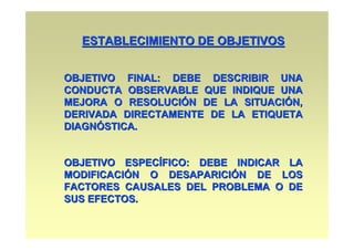 ESTABLECIMIENTO DE OBJETIVOS


OBJETIVO FINAL: DEBE DESCRIBIR UNA
CONDUCTA OBSERVABLE QUE INDIQUE UNA
MEJORA O RESOLUCIÓN DE LA SITUACIÓN,
DERIVADA DIRECTAMENTE DE LA ETIQUETA
DIAGNÓSTICA.


OBJETIVO ESPECÍFICO: DEBE INDICAR LA
MODIFICACIÓN O DESAPARICIÓN DE LOS
FACTORES CAUSALES DEL PROBLEMA O DE
SUS EFECTOS.
 