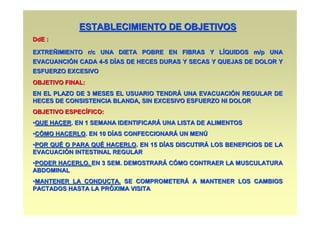ESTABLECIMIENTO DE OBJETIVOS
DdE :

EXTREÑIMIENTO r/c UNA DIETA POBRE EN FIBRAS Y LÍQUIDOS m/p UNA
EVACUANCIÓN CADA 4-5 DÍAS DE HECES DURAS Y SECAS Y QUEJAS DE DOLOR Y
ESFUERZO EXCESIVO
OBJETIVO FINAL:
EN EL PLAZO DE 3 MESES EL USUARIO TENDRÁ UNA EVACUACIÓN REGULAR DE
HECES DE CONSISTENCIA BLANDA, SIN EXCESIVO ESFUERZO NI DOLOR
OBJETIVO ESPECÍFICO:
•QUE HACER. EN 1 SEMANA IDENTIFICARÁ UNA LISTA DE ALIMENTOS
•CÓMO HACERLO. EN 10 DÍAS CONFECCIONARÁ UN MENÚ
•POR QUÉ O PARA QUÉ HACERLO. EN 15 DÍAS DISCUTIRÁ LOS BENEFICIOS DE LA
EVACUACIÓN INTESTINAL REGULAR
•PODER HACERLO. EN 3 SEM. DEMOSTRARÁ CÓMO CONTRAER LA MUSCULATURA
ABDOMINAL
•MANTENER LA CONDUCTA. SE COMPROMETERÁ A MANTENER LOS CAMBIOS
PACTADOS HASTA LA PRÓXIMA VISITA
 