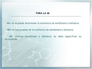PARA LA M:
-Mx: no se puede determinar la existencia de metástasis a distancia.
-M0: no hay pruebas de la existencia de metástasis a distancia.
-M1: existen metástasis a distancia; se debe especificar su
localización.
 