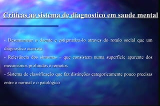 Criticas ao sistema de diagnostico em saude mental


- Desumanizar o doente e estigmatiza-lo atraves do rotulo social que um
diagnostico acarreta
- Relevância dos sintomas – que consistem numa superfície aparente dos
mecanismos profundos e remotos
- Sistema de classificação que faz distinções categoricamente pouco precisas
entre o normal e o patológico
 