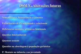 DSM V, Alterações futuras


Nomenclatura, Neurociência e Genética

Perturbações de Personalidade e relacionais

Deficiencias mentais e prejuizos funcionais

Questões Interculturais

Questoes sexuais

Questões na abordagem à população geriatrica

P. Mentais na infancia e na juventude
 