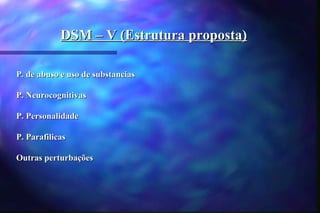 DSM – V (Estrutura proposta)

P. de abuso e uso de substancias

P. Neurocognitivas

P. Personalidade

P. Parafilicas

Outras perturbações
 