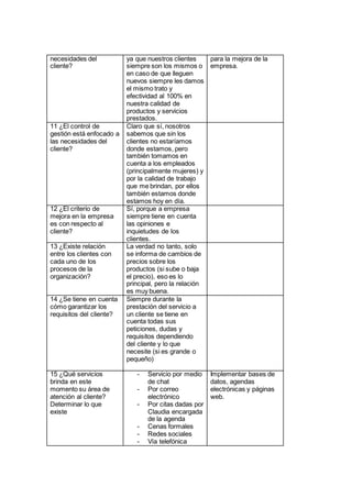 necesidades del
cliente?
ya que nuestros clientes
siempre son los mismos o
en caso de que lleguen
nuevos siempre les damos
el mismo trato y
efectividad al 100% en
nuestra calidad de
productos y servicios
prestados.
para la mejora de la
empresa.
11 ¿El control de
gestión está enfocado a
las necesidades del
cliente?
Claro que sí, nosotros
sabemos que sin los
clientes no estaríamos
donde estamos, pero
también tomamos en
cuenta a los empleados
(principalmente mujeres) y
por la calidad de trabajo
que me brindan, por ellos
también estamos donde
estamos hoy en día.
12 ¿El criterio de
mejora en la empresa
es con respecto al
cliente?
Sí, porque a empresa
siempre tiene en cuenta
las opiniones e
inquietudes de los
clientes.
13 ¿Existe relación
entre los clientes con
cada uno de los
procesos de la
organización?
La verdad no tanto, solo
se informa de cambios de
precios sobre los
productos (si sube o baja
el precio), eso es lo
principal, pero la relación
es muy buena.
14 ¿Se tiene en cuenta
cómo garantizar los
requisitos del cliente?
Siempre durante la
prestación del servicio a
un cliente se tiene en
cuenta todas sus
peticiones, dudas y
requisitos dependiendo
del cliente y lo que
necesite (si es grande o
pequeño)
15 ¿Qué servicios
brinda en este
momento su área de
atención al cliente?
Determinar lo que
existe
- Servicio por medio
de chat
- Por correo
electrónico
- Por citas dadas por
Claudia encargada
de la agenda
- Cenas formales
- Redes sociales
- Vía telefónica
Implementar bases de
datos, agendas
electrónicas y páginas
web.
 