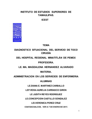 1
INSTITUTO DE ESTUDIOS SUPERIORES DE
TAMAULIPAS.
ICEST
TEMA
DIAGNOSTICO SITUACIONAL DEL SERVICIO DE TOCO
CIRUGÍA
DEL HOSPITAL REGIONAL MINATITLÁN DE PEMEX
PROFESORA.
LE. MA. MAGDALENA HERNANDEZ ALVARADO
MATERIA.
ADMINISTRACION EN LOS SERVICIOS DE ENFERMERIA
ALUMNAS
LE.DIANA E. MARTINEZ CARBALLO
LEP.ROSA AURELIA CARRASCO GIRON
LE JUDITH REYES RODRIGUEZ
LE.CONCEPCION CASTILLO GONZALEZ
LEI.VERONICA PEREZ CRUZ
COATZACOALCOS, VER A 7 DE ENERO DE 2017.
 