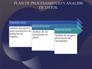 PRIMERAFASE.
Análisis descriptivo
para caracterizar a la
población de
estudio.
SEGUNDAFASE.
Análisis de las
necesidades de
salud.
TERCERAFASE.
Análisis de riesgos y
priorización de
necesidades.
PLAN DE PROCESAMIENTO Y ANALISIS
DE DATOS.
 