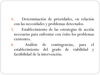 4.  Determinación de prioridades, en relación con las necesidades y problemas detectados. 5.  Establecimiento de las estrategias de acción necesarias para enfrentar con éxito los problemas existentes. 6.  Análisis de contingencias, para el establecimiento del grado de viabilidad y factibilidad de la intervención. 