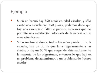 Ejemplo Si en un barrio hay 350 niños en edad escolar, y sólo existe una escuela con 250 plazas, podemos decir que hay una carencia o falta de puestos escolares que no permite una satisfacción adecuada de la necesidad de educación formal. Si en un barrio donde todos los niños pueden ir a la escuela, hay un 30 % que falta regularmente a las clases; o hay un 60 % que suspende sistemáticamente la mayoría de las asignaturas, entonces lo que hay es un problema de ausentismo, o un problema de fracaso escolar. 
