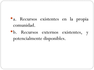 a. Recursos existentes en la propia comunidad. b. Recursos externos existentes, y potencialmente disponibles. 
